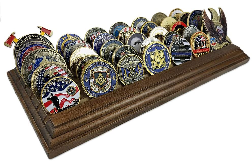 5 Rows Challenge Coin Holder Military Coin Display Stand Walnut Finish DecoWoodo
