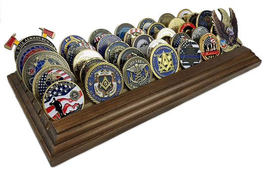 5 Rows Challenge Coin Holder Military Coin Display Stand Walnut Finish DecoWoodo