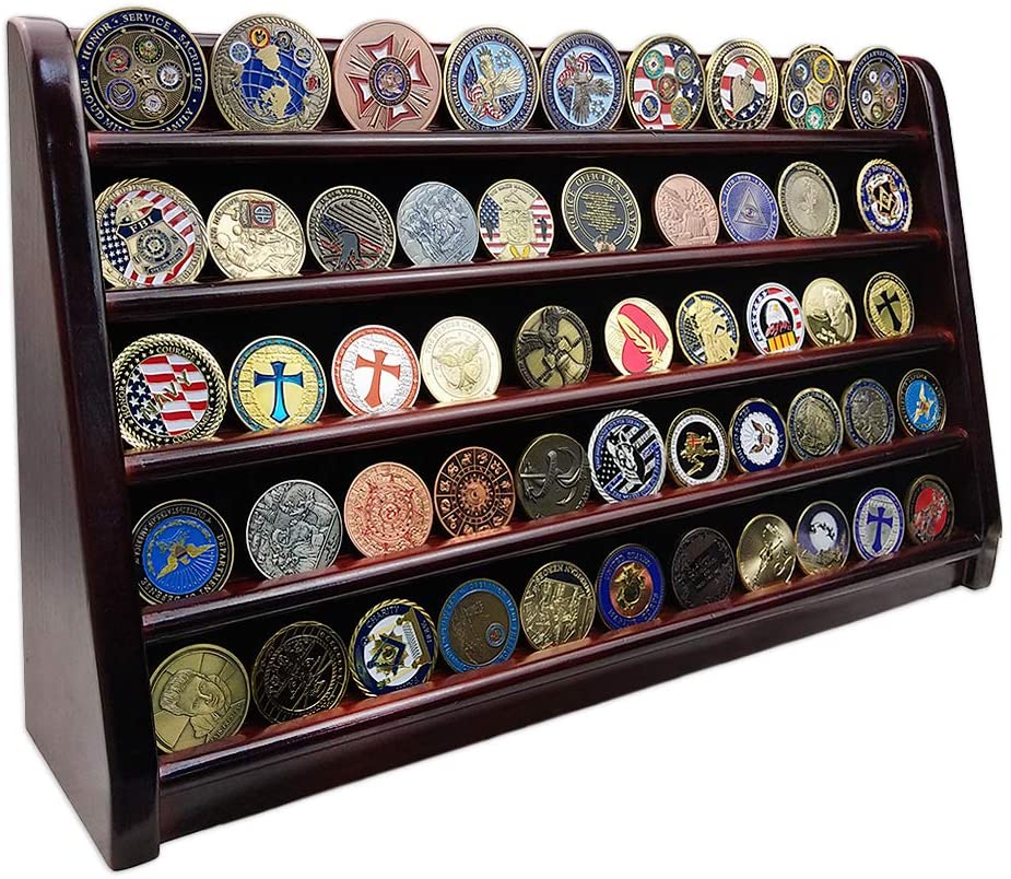 DecoWoodo Challenge Coin Display Stand 5 Rows Military Coin Holder Wall Mount Wooden Coin Rack Mahogany Finish DecoWoodo