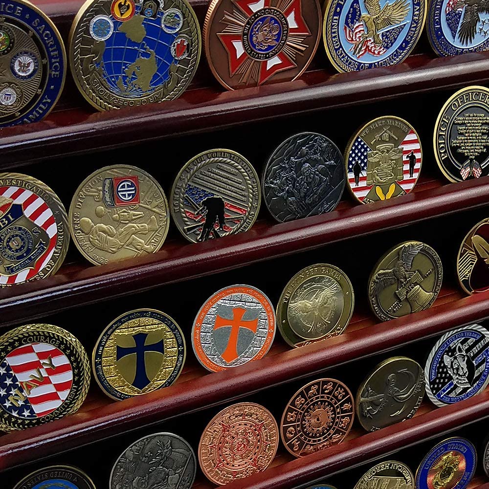 DecoWoodo Challenge Coin Display Stand 5 Rows Military Coin Holder Wall Mount Wooden Coin Rack Mahogany Finish DecoWoodo