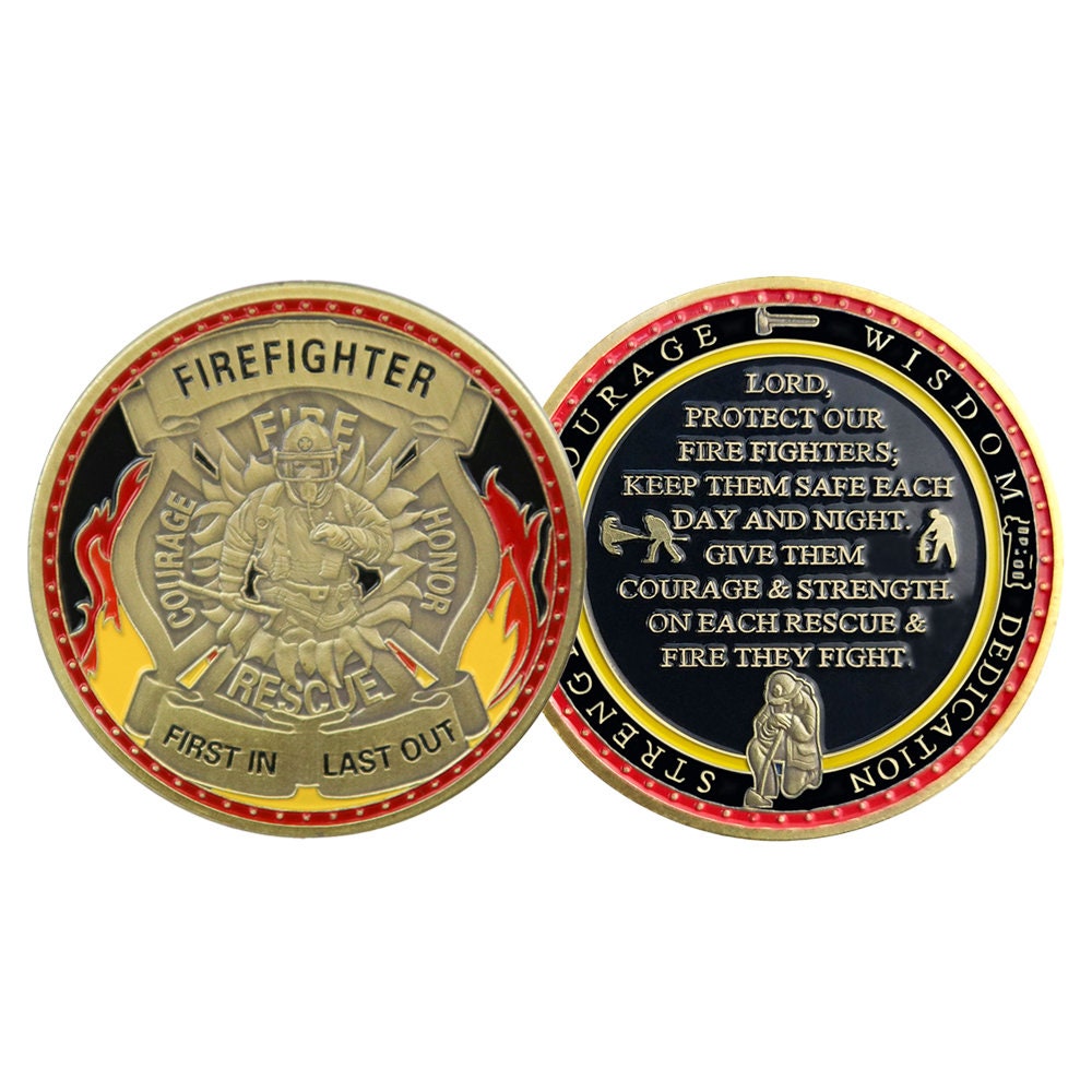 Firefighter Prayer Challenge Coin St Florian Cross Fireman First In Last Out/gift for Him for father decowoodo
