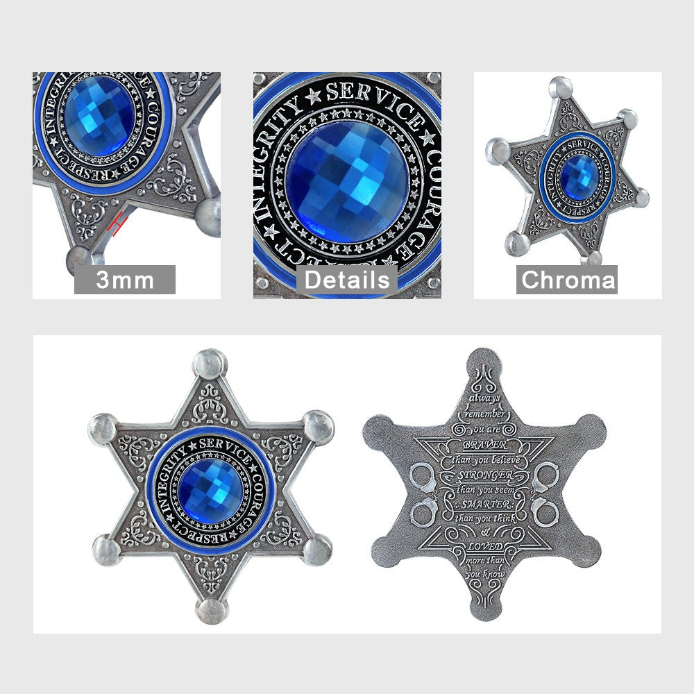 Sheriff Six Pointed Star Challenge Coin Medallion Police Collectible w/ Blue Gem/gift for Him for father decowoodo