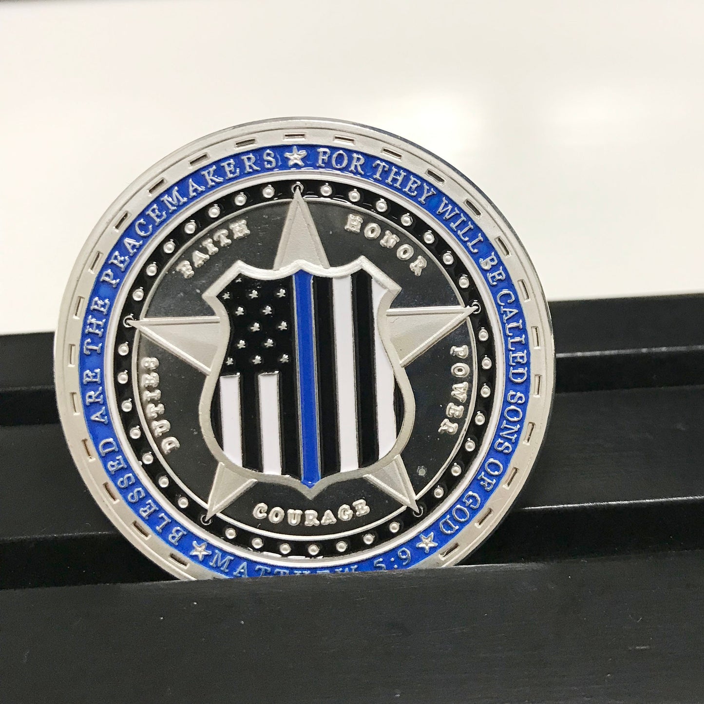 Police Officer badge & K9 Super heroes Challenge Coin A Thin Blue Line Coin Law Enforcement Medallion/ gift for Him for father Matthew 5:9 DecoWoodo
