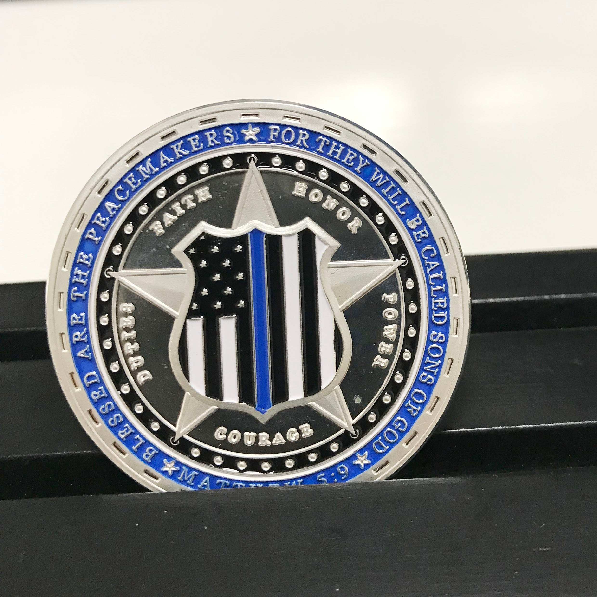 Police Officer badge & K9 Super heroes Challenge Coin A Thin Blue Line Coin Law Enforcement Medallion/ gift for Him for father Matthew 5:9 DecoWoodo