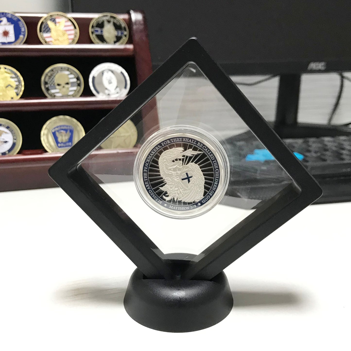 Police officer academy Challenge Coin A Thin Blue Line Guardian Angel Blessed Prayer Emblem Gift/gift for Him for father for husband DecoWoodo