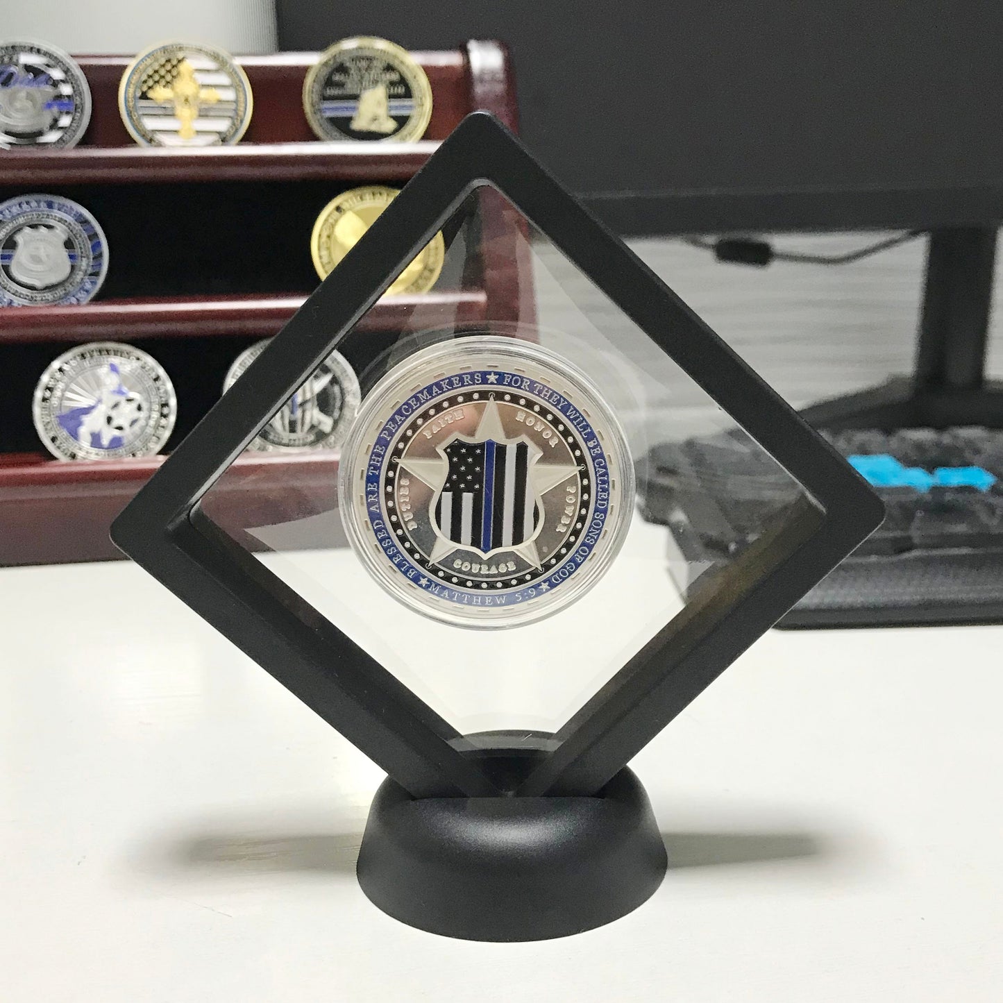 Police Officer badge & K9 Super heroes Challenge Coin A Thin Blue Line Coin Law Enforcement Medallion/ gift for Him for father Matthew 5:9 DecoWoodo