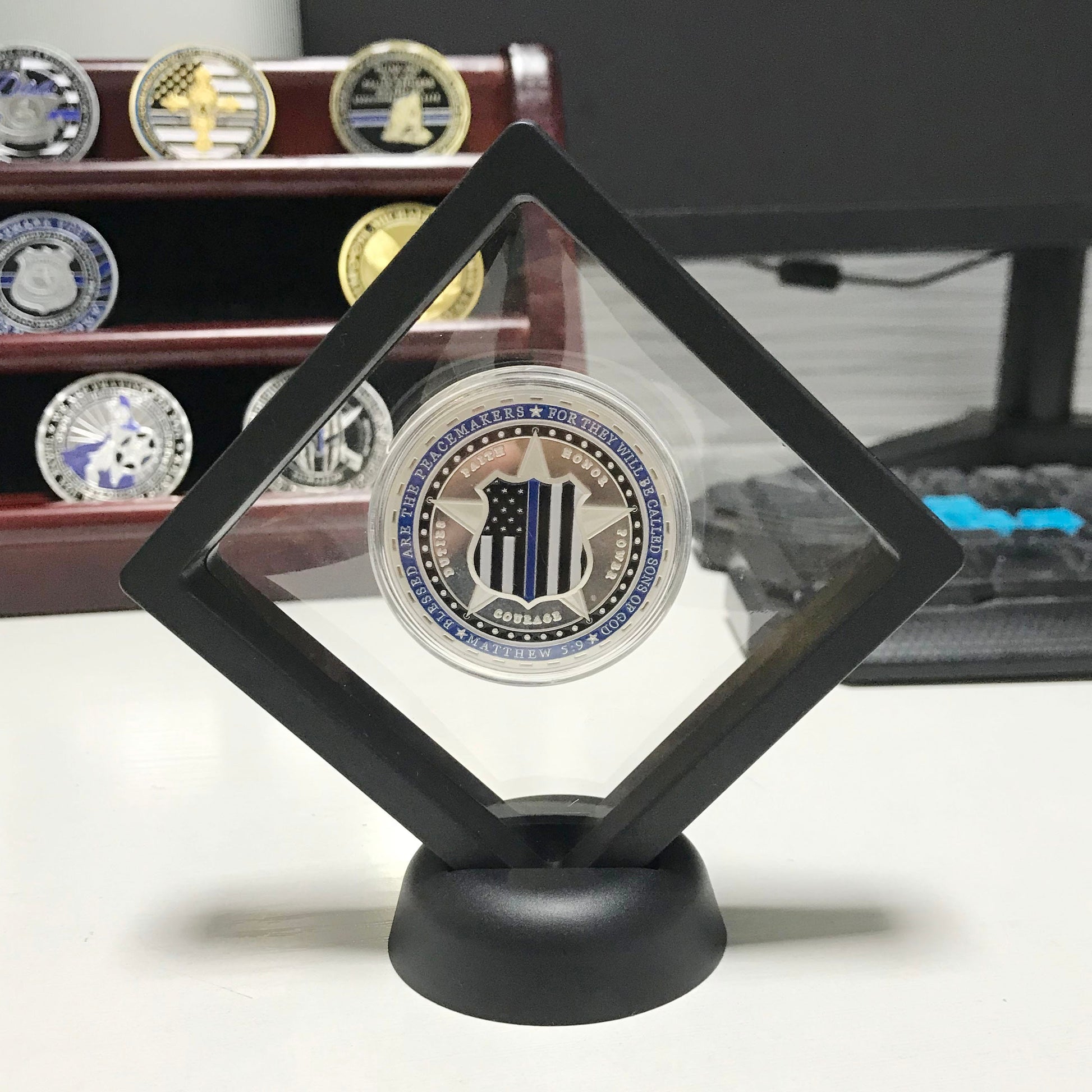 Police Officer badge & K9 Super heroes Challenge Coin A Thin Blue Line Coin Law Enforcement Medallion/ gift for Him for father Matthew 5:9 DecoWoodo