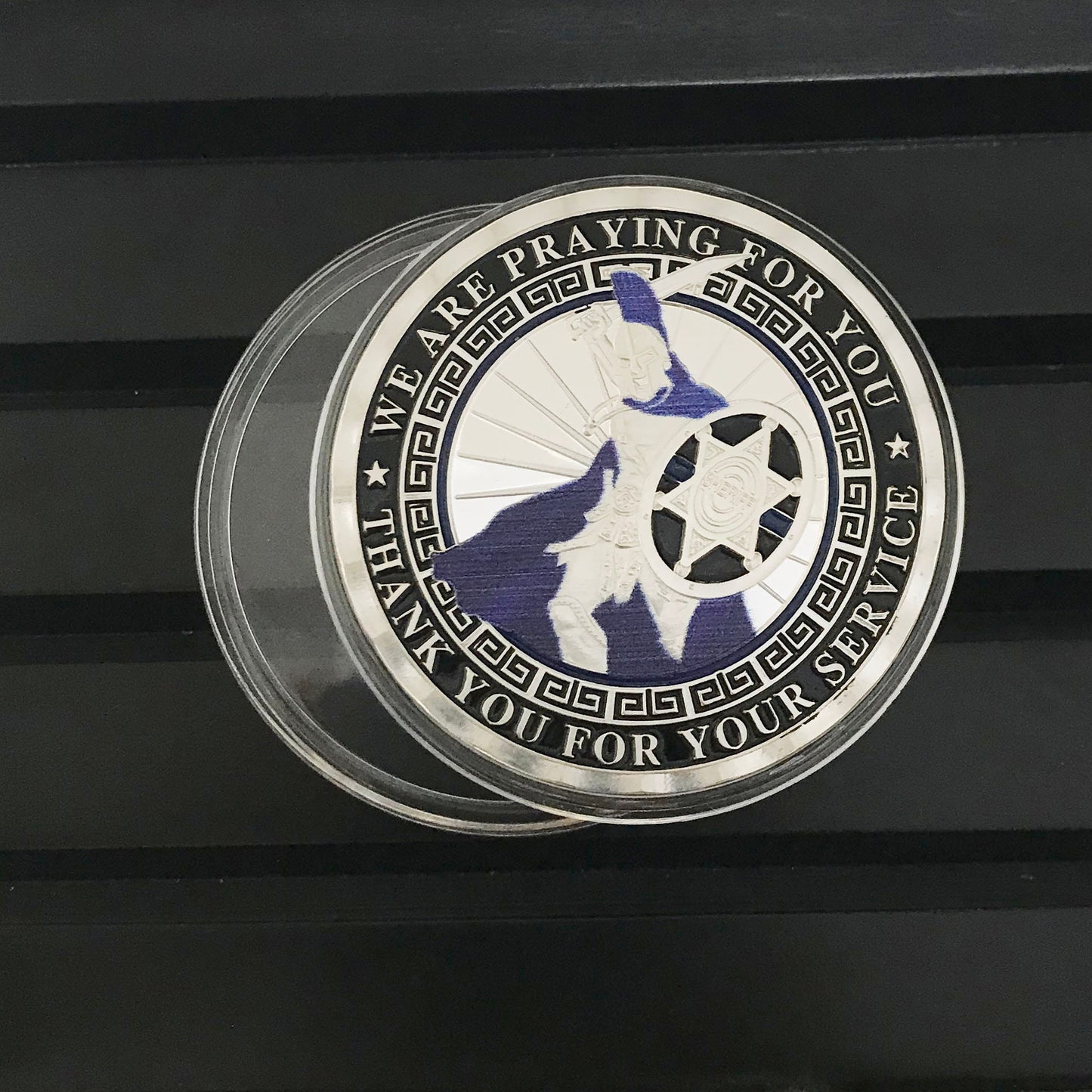 Police Deputy Sheriff Prayer Challenge Coin Law Enforcement Blue Lives Matter Spartan Warrior Badge Gift for Him/ Her/Father/Husband DecoWoodo